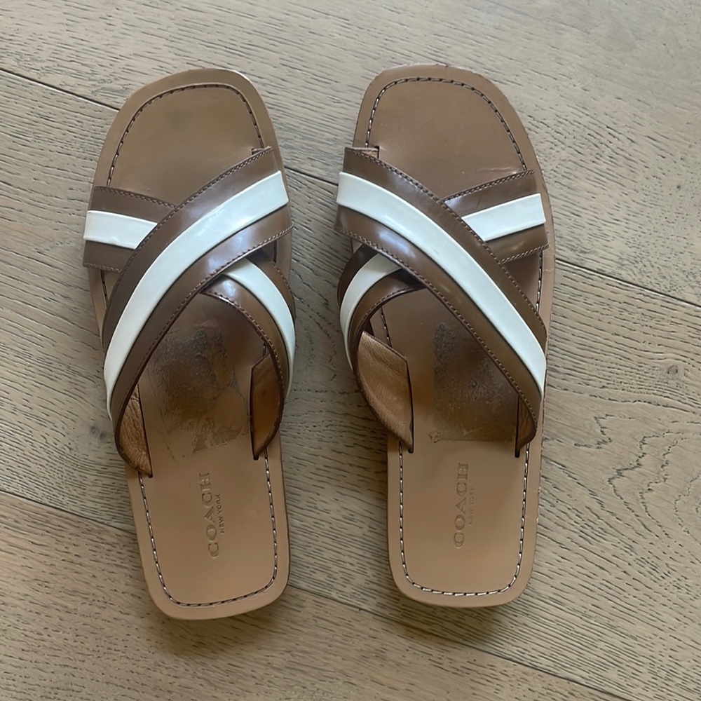 Coach Brown and White Leather Cross-Strap Slide Sandals
